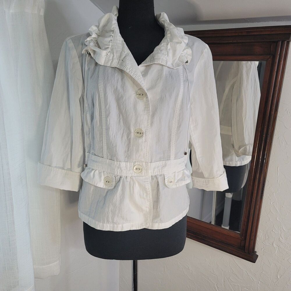 Tribal White Lightweight Jacket Ruffle Collar Cropped Drawstring Size 14